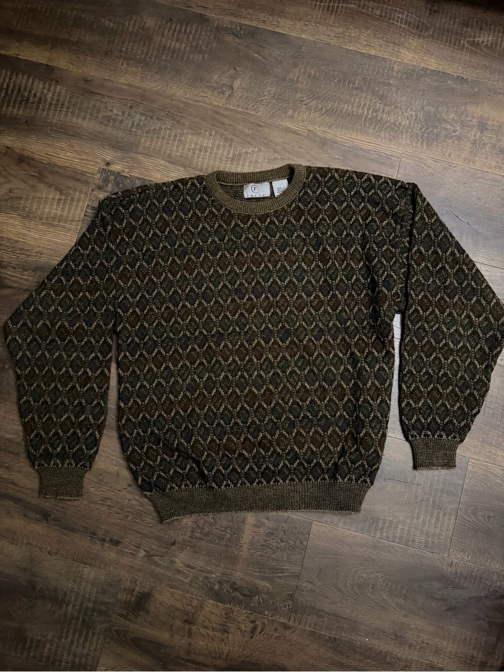 Farah Men’s Pattern Knit Crewneck Sweater Size Large Brown Green Vintage Style